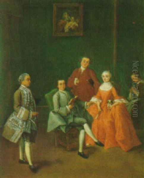 La Lettura: Tre Cavalieri In Abito Galante, Una Dama Con Cagnolino E Una Domestica In Un Interno Veneziano Oil Painting by Pietro Longhi