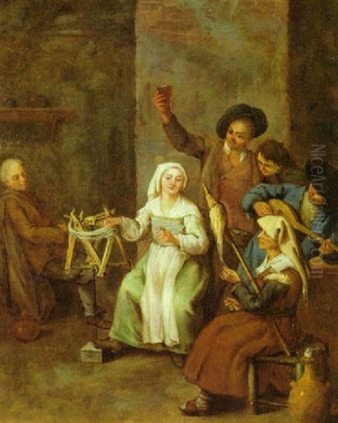 Giovane Fitatrice Tra Due Vecchi E Tre Giovanotti Oil Painting by Pietro Longhi