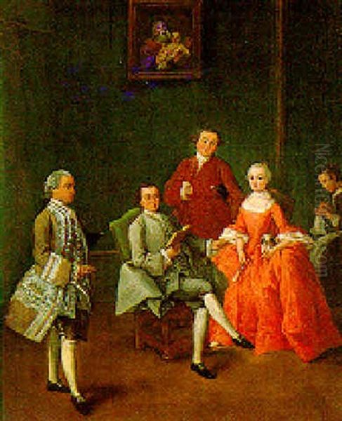 La Lettura: Tre Cavalieri In Abito Galante, Una Dama Con Cagnolino Oil Painting by Pietro Longhi