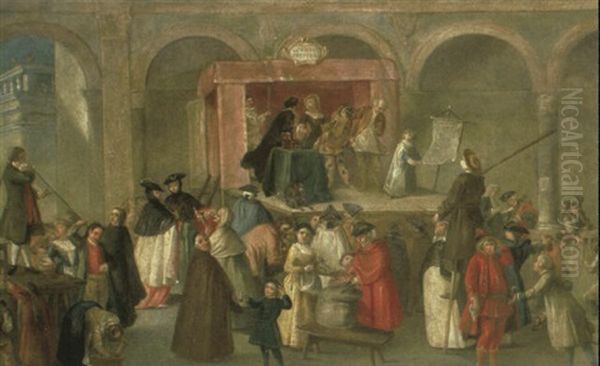 A Performance Of The Commedia Dell'arte Before An Arcade Oil Painting by Pietro Longhi