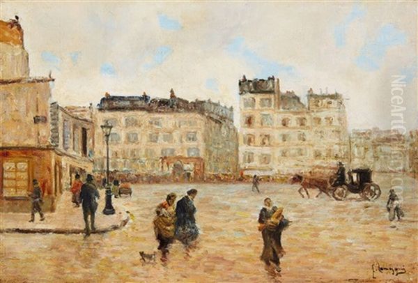 An Italian Piazza Oil Painting by Emilio Longoni