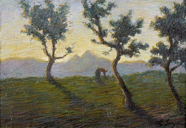 Landschaft Mit Baumen Und Bauerin Im Abendlicht Oil Painting by Emilio Longoni