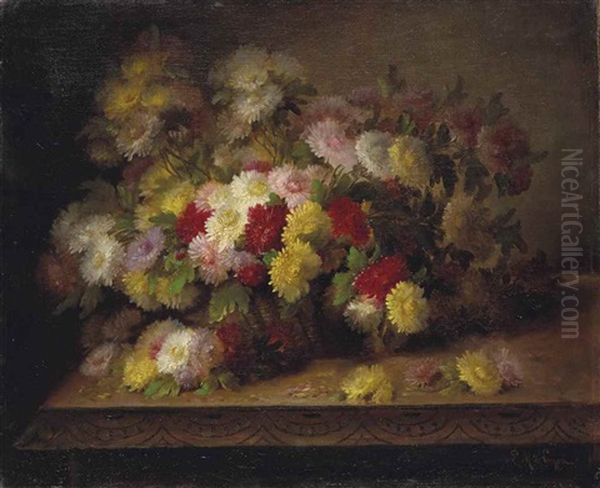 I. Fleurs Blanches Et Roses Dans Une Corbeille Ii.fleurs Jaunes, Rouges Et Roses Dans Une Corbeille Oil Painting by Paul De Longpre