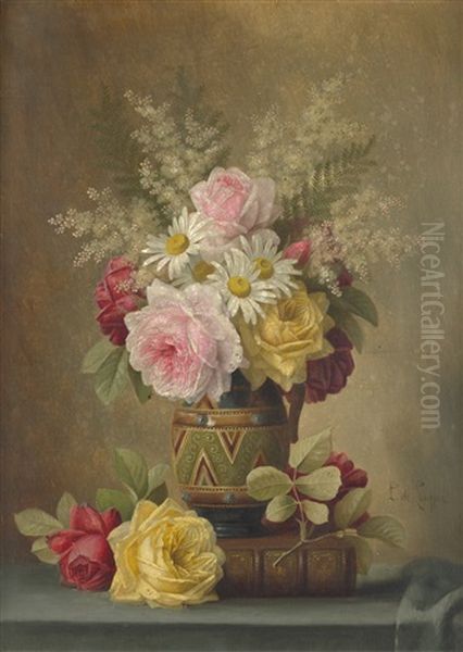 Blumenstilleben Mit Rosen, Margeriten Und Mimosen Oil Painting by Paul De Longpre