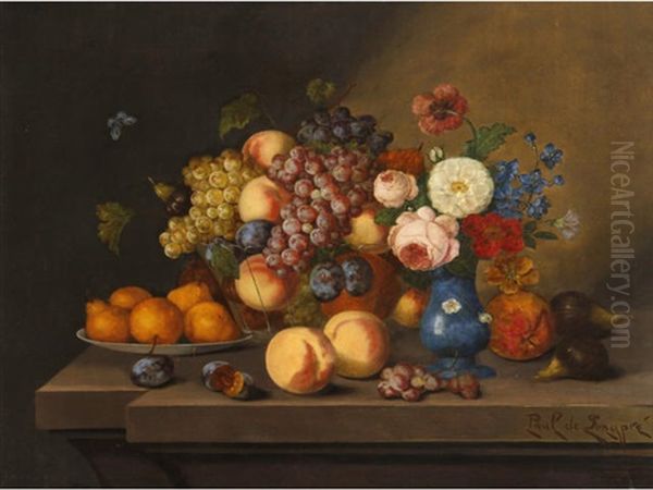 A Still Life Of Fruits And Flowers Resting On A Table Oil Painting by Paul De Longpre