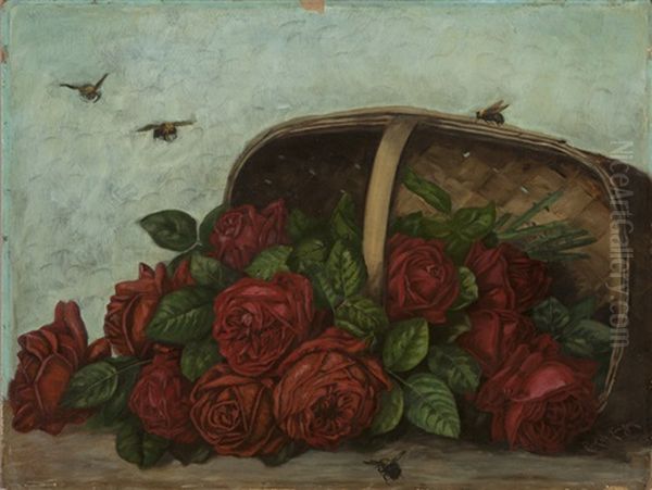 Roses In A Basket With Four Bumblebees Oil Painting by Paul De Longpre