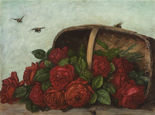 A Basket Of Tumbling Red Roses With Four Bumblebees Oil Painting by Paul De Longpre