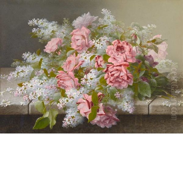 A Still Life With Roses And Lilacs On A Stone Oil Painting by Raoul Maucherat de Longpre