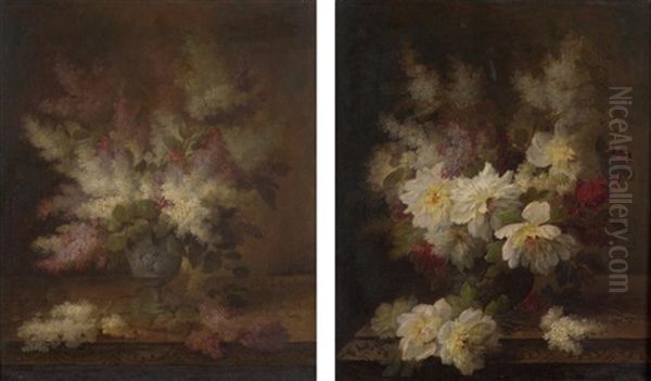 Bouquet De Lilas - Bouquet De Pivoines (2 Works) Oil Painting by Raoul Maucherat de Longpre