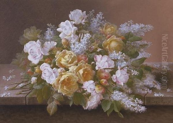 Pink Roses And White Lilacs (+ Yellow And Pink Roses And White Lilacs, Smllr; 2 Works) Oil Painting by Raoul Maucherat de Longpre