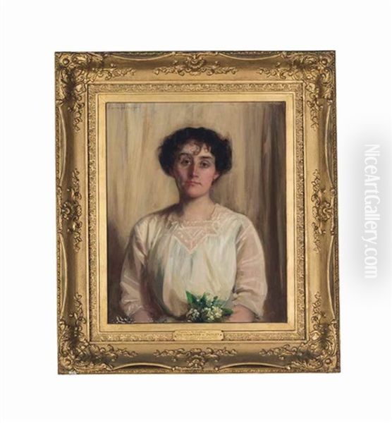 Portrait Of Rachel, Countess Of Dudley, Nee Gurney, In A White Dress, Holding Lily Of The Valley Oil Painting by Sir John Longstaff