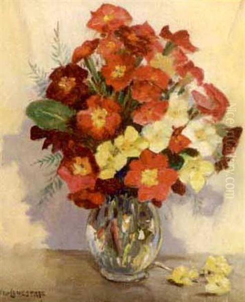 Pink And Yellow Flowers In Crystal Vase by William Francis (Will) Longstaff