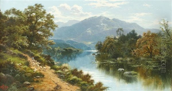 River Landscape With Shepherd And Sheep Oil Painting by Edgar Longstaffe