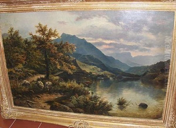 Sheep By A Lake In A Mountainous Landscape (+ Autumnal Landscape; Pair) Oil Painting by Edgar Longstaffe