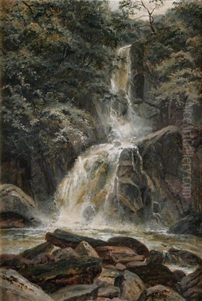 A Waterfall In A Tree-lined Gorge Oil Painting by Edgar Longstaffe