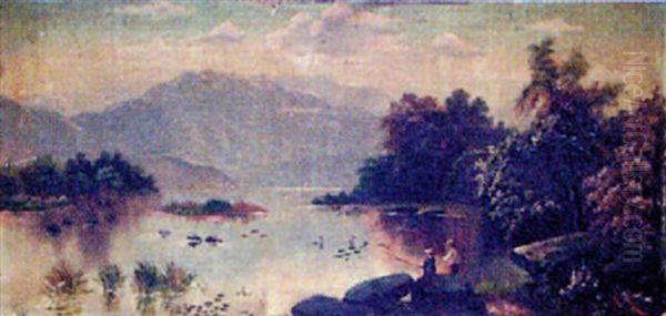 Highland Loch View, With Figures Fishing In The Foreground Oil Painting by Edgar Longstaffe