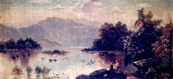 Highland Loch View With Figures Fishing In The Foreground Oil Painting by Edgar Longstaffe