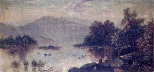 Highland Loch View, With Figures Fishing In The Foreground Oil Painting by Edgar Longstaffe