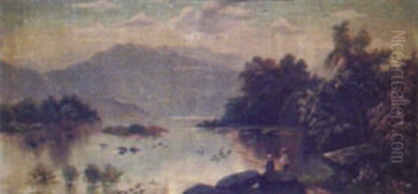 Highland Loch View, With Figures Fishing In The Foreground Oil Painting by Edgar Longstaffe