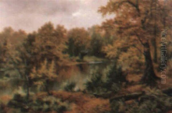 An Autumnal River Landscape Oil Painting by Edgar Longstaffe