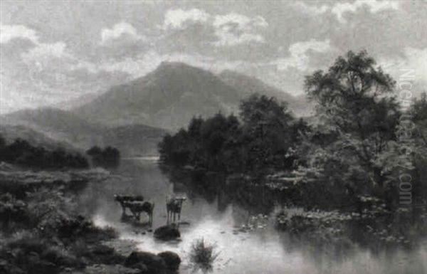 Highland Cattle In A River Landscape Oil Painting by Edgar Longstaffe