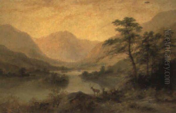 Deer Before Loch Voil, Scotland Oil Painting by Edgar Longstaffe