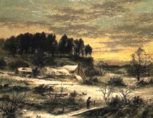 A Winter Sunset Oil Painting by Edgar Longstaffe