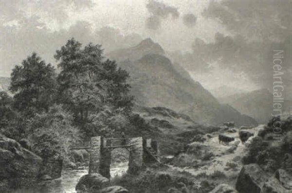 Figure On A Footbridge In A Valley Oil Painting by Edgar Longstaffe