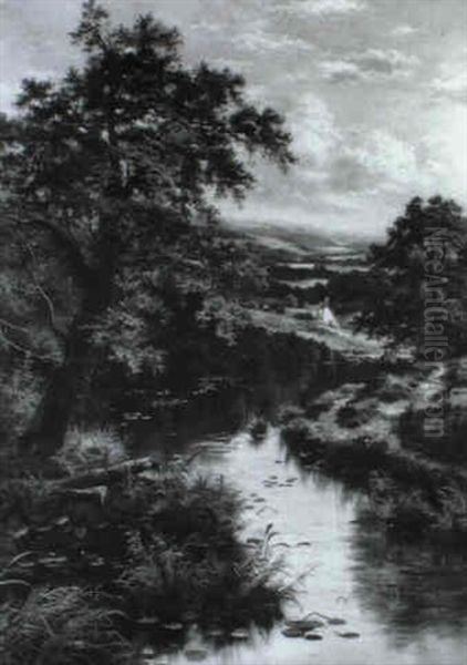 Wooded River Landscape With Boy Fishing Oil Painting by Edgar Longstaffe