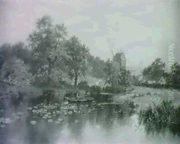 An Angler In A Punt On A Still Pool Oil Painting by Edgar Longstaffe