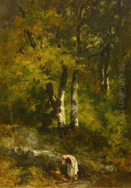 Girl By A Stream Oil Painting by Alexandre Marie Longuet