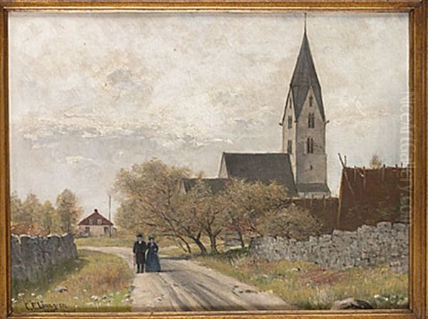 Flanorer Utanfor Gotlandsk Kyrka Oil Painting by Carl Ewald Loenngren