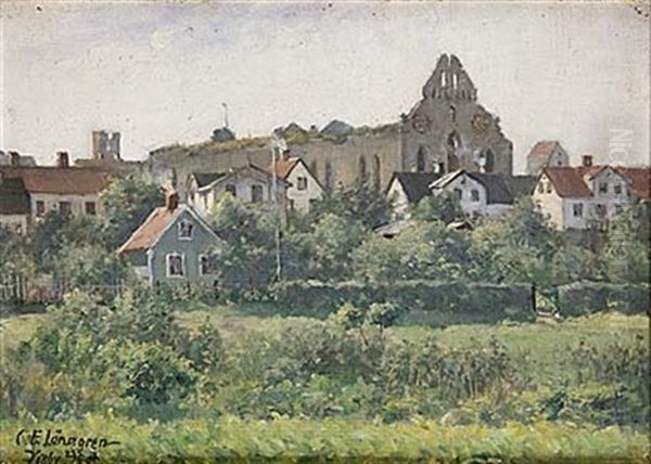 Vy Mot St. Nicolai Kyrkoruin, Visby Oil Painting by Carl Ewald Loenngren