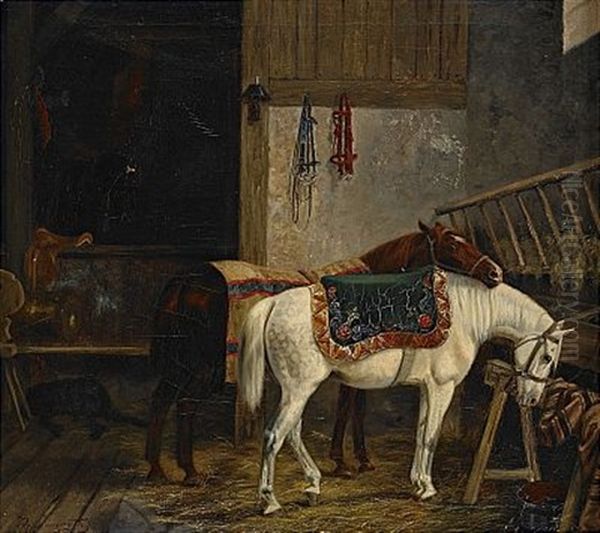 Stallinterior Oil Painting by Arvid Fredrik Lonnroth