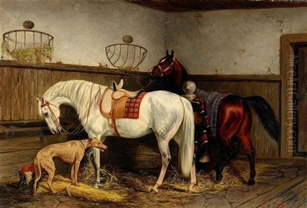 Stallinterior Oil Painting by Arvid Fredrik Lonnroth