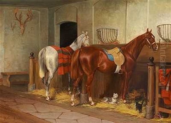 To Heste, En Kat Og En Hund I Stalden Oil Painting by Arvid Fredrik Lonnroth