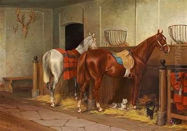 To Heste, En Kat Og En Hund I Stalden Oil Painting by Arvid Fredrik Lonnroth