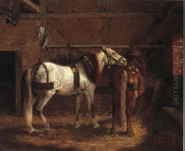 Two Horses In A Stable Oil Painting by Arvid Fredrik Lonnroth