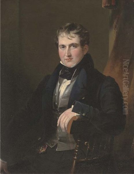 Portrait Of Sir James Worseley Taylor, Seated Three-quarter-length, In A Dark Blue Coat And Waistcoat Oil Painting by James Lonsdale