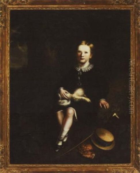 Portrait Of A Fair-haired Youth, With His Pet Spaniel Seated In A Landscape, Gloves, Hat And Cane Nearby Oil Painting by James Lonsdale