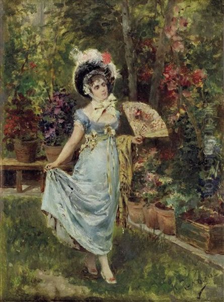 Dame Mit Facher Vor Bluhenden Garten-pflanzen Oil Painting by Antonio Lonza