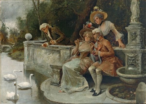 Tandelnde Junge Parchen Am Ufer Eines Parkteiches Mit Schwanen Oil Painting by Antonio Lonza