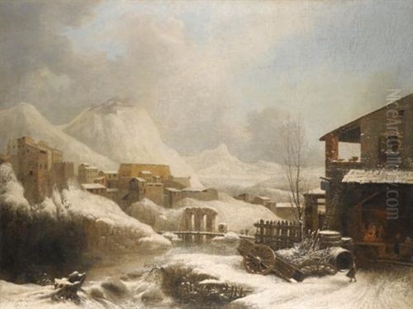 A Frozen Winter Landscape With A Bridge Over A River Oil Painting by Caesar van Loo