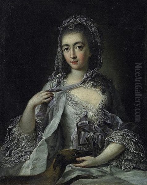 Portrat Einer Jungen Edeldame In Mit Spitzen Besetztem Neglige, In Der Linken Den Kopf Eines Windhundes Haltend Oil Painting by Carle van Loo