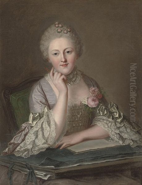 Portrait Of A Lady At A Table Holding A Pen In Her Right-hand Oil Painting by Carle van Loo