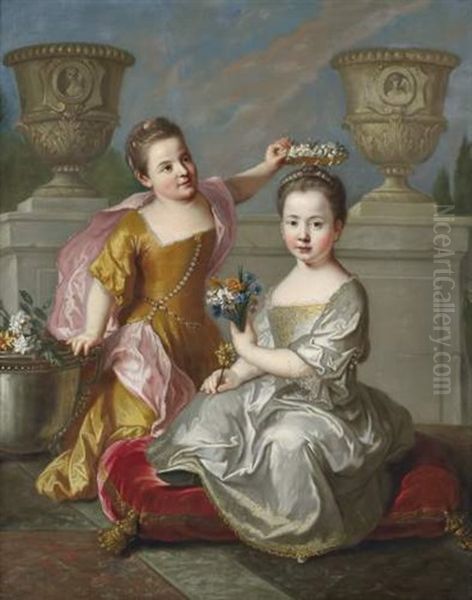 Portrait En Pied De Deux Jeune Filles A La Couronne Et Au Bouquet De Fleurs Sur Fond D'architecture Oil Painting by Carle van Loo