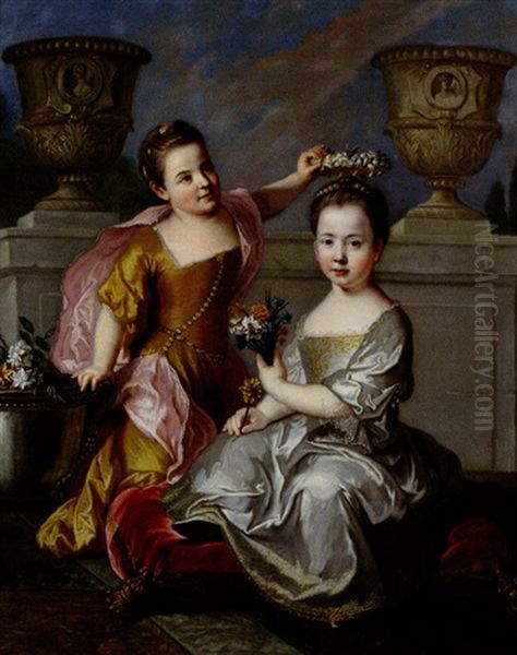 Portrait En Pied De Deux Jeunes Filles A La Couronne Et Au Bouquet De Fleurs Sur Fond D'architecture Oil Painting by Carle van Loo