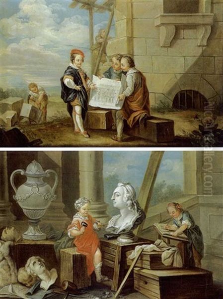 Allegorie De L'architecture (+ Allegorie De La Sculpture; Pair) Oil Painting by Carle van Loo