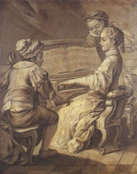 Allegorie De La Musique: Jeune Fille Et Deux Garcons Jouant Dans Un Interieur Oil Painting by Carle van Loo