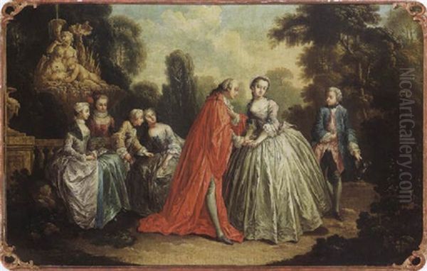 An Elegant Company Near A Fountain In A Park Landscape Oil Painting by Carle van Loo